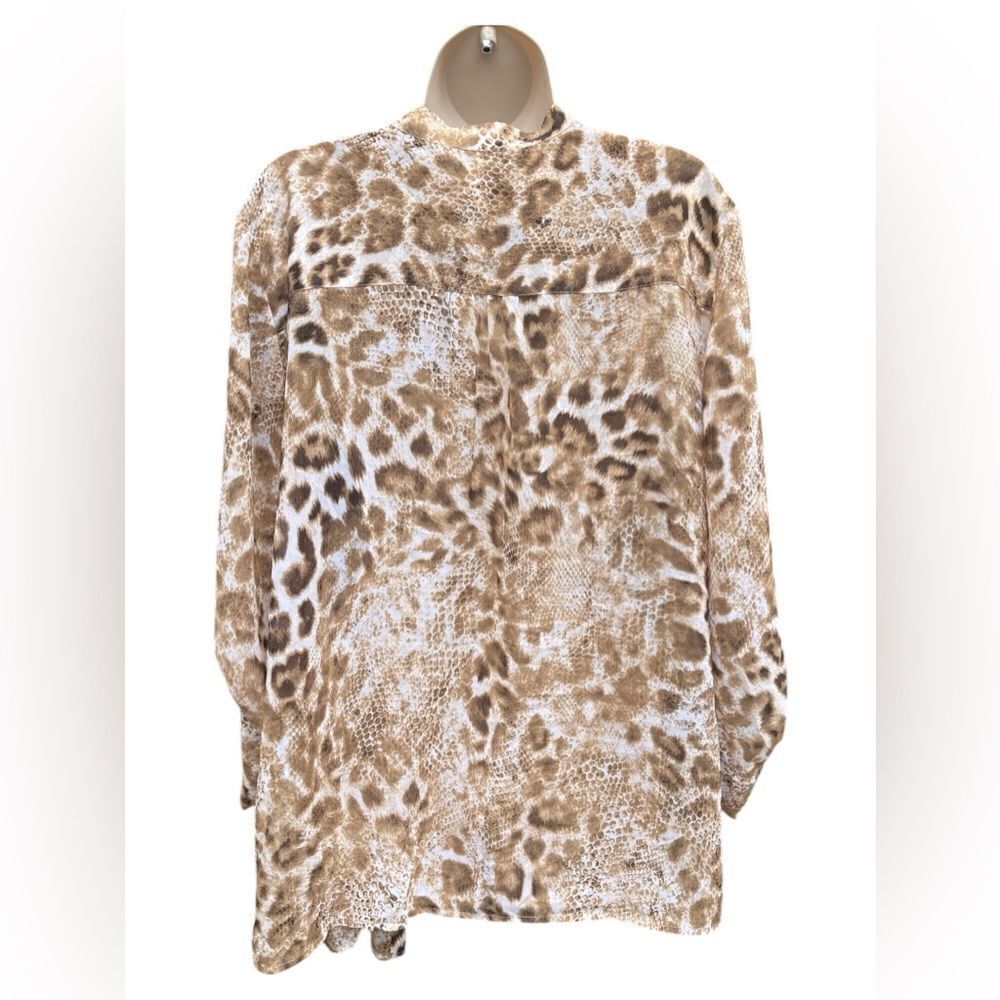Chico's Women 3 Leopard Roll Tab Sleeve Tie Waist Poly Tunic Cardigan Like New - Picture 2 of 6
